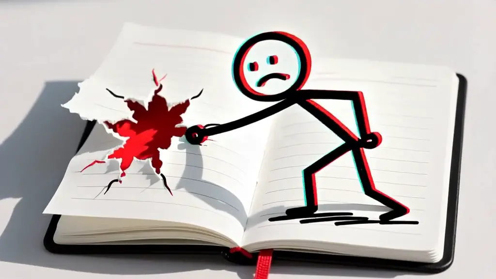 A stick figure with a worried face tearing a red-edged hole through a notebook page.